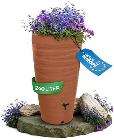 YourCasa Regentonne 240 Liter [Wave Design] Regenfass Frostsicher aus Kunststoff - Regenwassertonne mit Wasserhahn - Regenwassertank Garten Regenwassersammler Wasserfass Regentonne schmal (Terracotta)