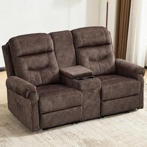 Kinosessel 2 Sitzer Sofa mit Console,Zweisitzer Fernsehsessel Relaxsessel mit Liegefunktion,2 Sitzer Kinosessel Liegesessel Verstellbar,2er Sofa TV Sessel Wohnzimmer mit Getränkehalter,Braun,Leinen