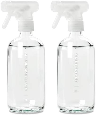 MaisoNovo Wasser Sprühflasche Glas 500ml 2er Set - Klar Kleine Sprühflasche Putzmittel Inklusive 16 Etiketten