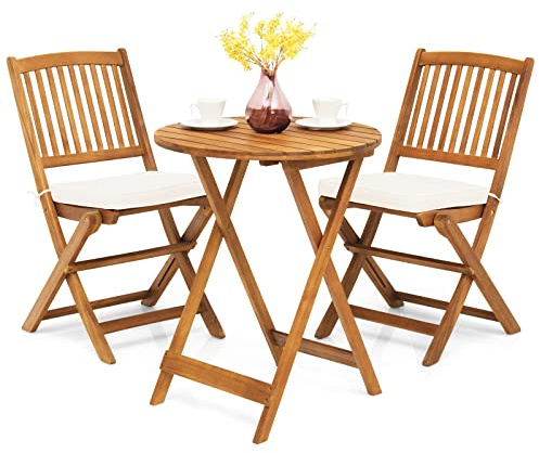 GIANTEX Balkonmöbel Kleiner Balkon, Runder Bistrotisch mit 2 Stühlen klappbar, Gartenmöbel Set Holz 3 teilig, Balkonset Bistroset Outdoor, Terrassenmöbel 2 Personen, Garten Sitzgruppe mit Kissen