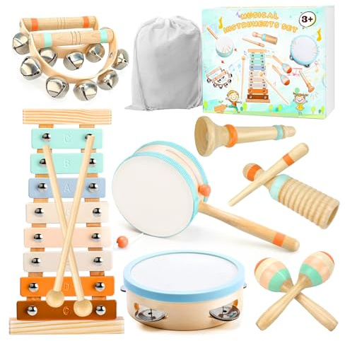 Musikinstrumente für Kinder- Miljgte Montessori Spielzeug ab 3 Jahr Holzspielzeug Trommel Xylophon Percussion Instrumente Baby Musikspielzeug Geburtstagsgeschenk für Kinder ab 3 Jahre
