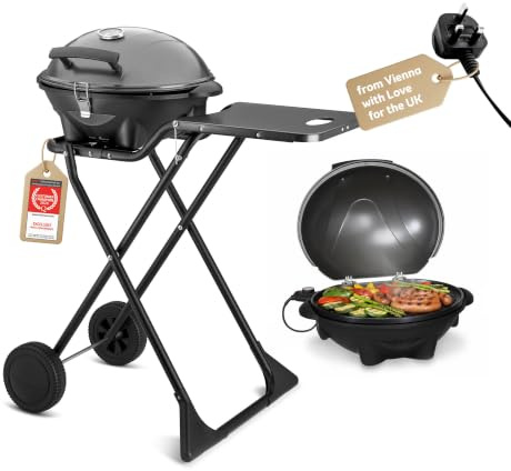 TZS First Austria - Elektrogrill 2 in 1 Tischgrill & Standgrill 2400W - Elektrischer & klappbarer Grill für Balkon & Terrasse mit Deckel & Rollwagen - Elektro-Kugelgrill mit Thermometer & Tropfschale