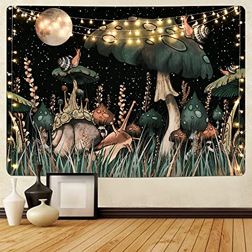 Yugarlibi Pilz Wandteppich Schwarz Wald Schnecke Wandbehang Mond Sterne Pflanzen Wandtuch Wandkunst Tapisserie für Schlafzimmer Wohnzimmer 150x130cm