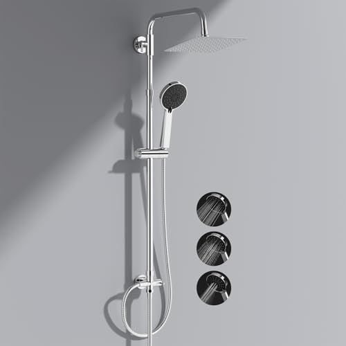 Hibbent Duschset ohne Armatur, Duschstangeset Duschsäuleset, 3-Modus-Handbrause, Höhenverstellbar, Regendusche Duschsystem mit Duschkopf aus rostfreiem Edelstahl, Messing-Umschalter, Chrom