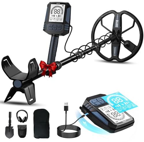 SUNPOW Wiederaufladbarer Metalldetektor für Erwachsene – 11" Dual-D-Spule, 35h Lithium-Akku, 10 Empfindlichkeitsstufen, 4 Suchmodi, 7-Metall-ID, IP68 Wasserdicht, mit Schaufel, Rucksack & Kopfhörer