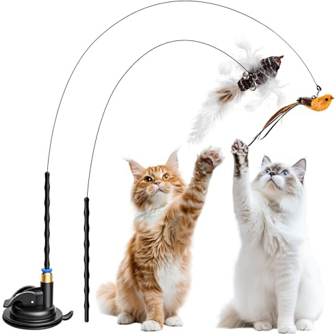 2 Set Katzenspielzeug Selbstbeschäftigung, Interaktives Katzenspielzeug Intelligenz Katzen Spielzeug mit Vogel Federn, Katzenspielzeug Angel, Katzenangel Stabil mit Saugnapf Cat Toys Federspielzeug