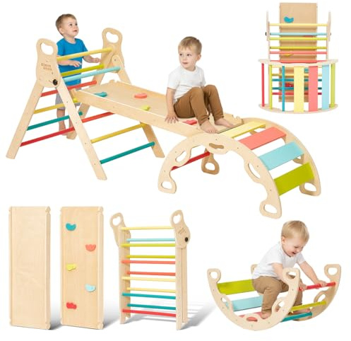 Giant bean 5-in-1 Montessori Kletterdreieck mit Kletterbogen und Rutsche, Holzdreieck für Kleinkinder ab 2-5, Indoor Kletterspielzeug, Regenbogen mit Griff, Hellbraun,