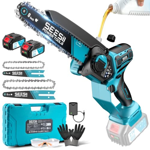 SEESII 6&8 Zoll Akku Kettensäge, Brushless Mini Kettensäge für Holz - 1000W | Mini Kettensäge mit Akkus 8000 mAh, Kleine Säge mit Automatische Kettenschmierung & Werkzeuglose Kettenspannung