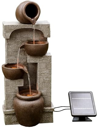 Teamson Home Garden & Outdoor Solarbetriebenes Wasserspiel mit Lichtern, kaskadierendem Springbrunnen, 4-stöckigem Topf, Indoor-Wasserfall-Dekoration und Batterie-Backup