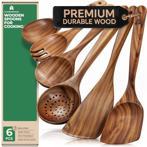 Kochlöffel Holz Set 6-teilig aus Teakholz mit Pfannenwender, Holzlöffel | Robuste, hitzebeständige Küchenutensilien; schonend zu Antihaftbeschichtungen und Kochgeschirr, leicht zu reinigen