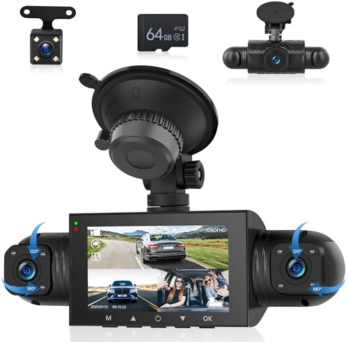 360° 4 Kanal Dashcam Auto, 4 Kamera FHD 1080P Vorne und Hinten Links Rechts, 3 Zoll 1080P Dash Kamera Autokamera mit IR Nachtsicht/Loop Video/24H Parking Monitor/G-Sensor/Einparkhilfe mit 64-GB-Karte