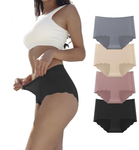 Dumwis Unterhosen Damen,Nahtlos Slips Unterwäsche Frauen,Hohe Taille Panties,No Show Panties,Mehrpack 4Er Pack Hipster Bequeme Ohne Abzeichnen Seamless Slips