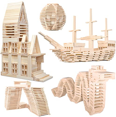 NiToy 200 Stück Holzbausteine, Kreative Montessori STEM Bauklötze aus Natur Kiefernholz, Sensorisches Spielzeug für Kinder, Bildungs-Lernspielzeug ab 1 Jahr, 3D Raumstapelspiele für Jungen und Mädchen