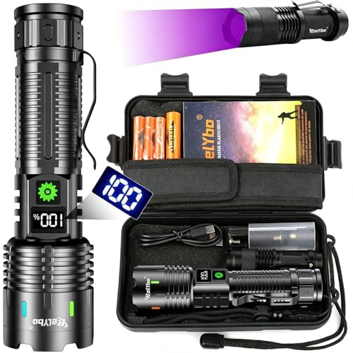 Relybo Taschenlampe Led Aufladbar, Led Taschenlampe Extrem Hell 500000 lumen, Taktische Taschenlampe - 1525M Weitschuss USB Mit Holster, Flashlight 5 Modi für Outdoor Notfälle Camping