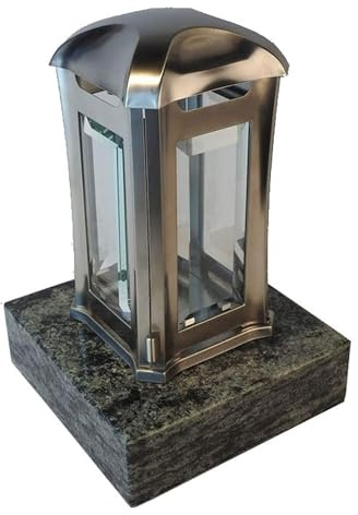 design4grab Grablampe Venezia aus Edelstahl, Silber | mit Granitsockel Oliv 20x20x5 cm | Lampe 13x13x24 cm | handgefertigt & poliert | wetterfest & ideal für Urnengräber