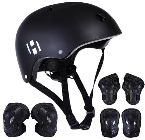 Habib Verstellbarer Kinderfahrradhelm & 6-teiliges Schützer-Set - Ventiliert, Knie-, Ellbogen-, Handgelenkschützer, 8-13 Jahre, Mädchen & Jungen, Fahrrad, Roller, Klettern, Skateboard