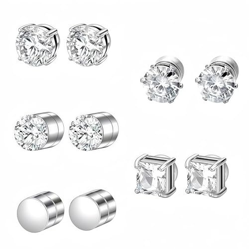 5 Paare Magnetohrringe, Magnet Ohrringe Damen, Intarsien Nicht Durchbohrend, Kein Piercing Magnetische Ohrringe für Herren Mann Damen Silber, Rund/Quadratisch