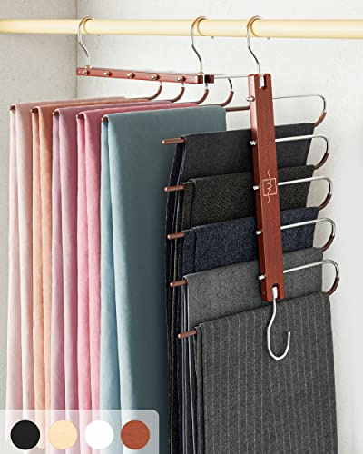 MORALVE Hosenbügel platzsparend – Premium Kleiderbügel aus europäischem Buchenholz für Hosen, Jeans & Schals – Kleiderschrank Organizer mit 360° drehbarem Haken (2er-Pack)