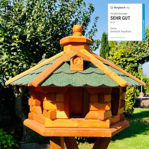 DARLUX Handgefertigtes wetterfestes Sechseck Vogelhaus aus Holz | Größe L | Vogelfutterstation, lasiert, Outdoor, Garten, Balkon, Futterhaus, Futterhäuschen (Größe L ohne Ständer, Grün - Braun)