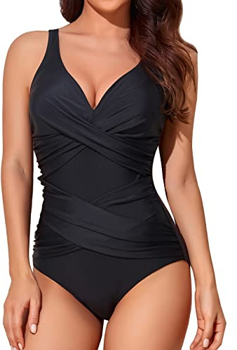 Smismivo Badeanzug Damen Bauchweg Push Up Shape Schwimmanzug mitBügel Retro Schlankheits Raffung Einteilige Bademode Große Größen Swimsuits for Women Swimming Suits Badekleid (schwarz schwarzer)