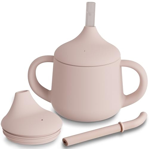 Moonkie Silikon Trinklernbecher ab 6 Monate, Schnabeltasse mit Strohhalm | Auslaufsicher, 3-Stufen-Übergang, 2 Strohhalme mit unterschiedlichem Durchfluss, BPA-frei, Spülmaschinenfest, 120ml, Blush