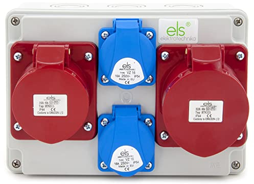 ELS Elektrotechnika Stromverteiler Wandverteiler 2x230V Schuko + 1x CEE 32A + 1x CEE 16A, Baustromverteiler für Innen/Außen, Werkstätten und Fabriken
