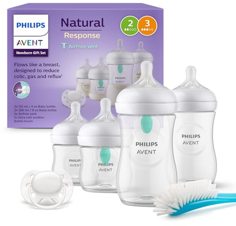 Philips AVENT Babyflaschen mit AirFree Ventil, Geschenkset für Neugeborene – 4 Babyflaschen, ultra soft Schnuller und Flaschenbürste, Babys von 0–12 Monaten und älter (Modell SCD657/11)