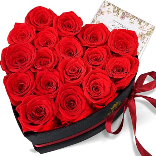 17 Ewige Rosen - Rote Echte Rosen in Herzbox - Geschenke für Valentinstag, Weihnachten, Muttertag & Hochzeit - Langlebige Infinity Rose als Romantikgeschenk für besondere Anlässe