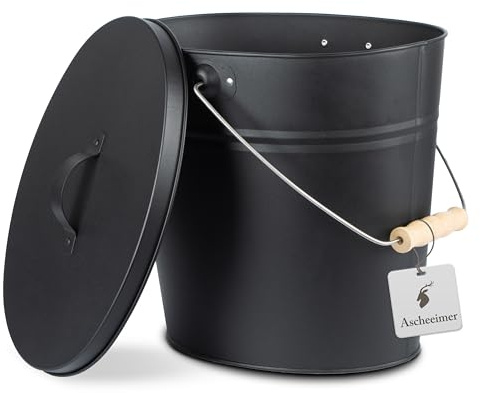 REWU Ascheeimer mit Deckel 15 L, Metalleimer für Kamin & Grill | Stabiler 15 L Metalleimer mit Deckel für vollständig abgekühlte Asche, Kamin, Grillkohle, Briketts & Anzündholz