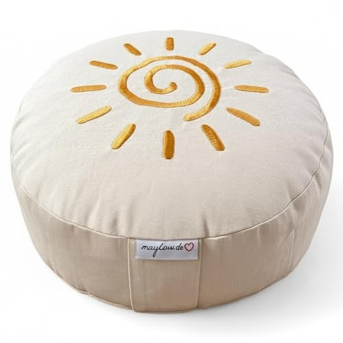 maylow Yoga mit Herz® Hochwertige Meditationskissen Stickerei Shanti Sonne Bezug waschbar Innenkissen Buchweizenspelzen Ø33 cm H: 15cm (Personalisierung nach Wunsch) (natur, H:15cm)