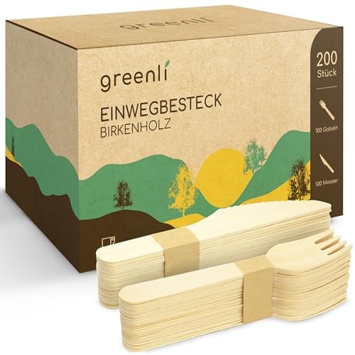 greenli® Einwegbesteck Holz – 200 Stück – Plastikfreie Holzgabeln & Holzmesser – Stabiles Holzbesteck Einweg