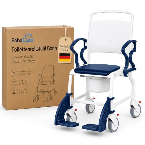 FabaCare Toilettenrollstuhl Bonn Premium Made in Germany, WC-Rollstuhl mit Eimer, abschwenkbaren Armlehnen, überfahrbar,bis 130 kg, Grau-Blau