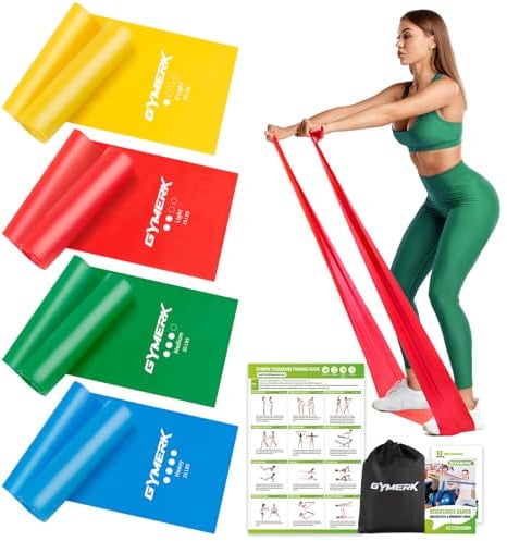 GYMERK Fitnessbänder Set 4er, 1.8M/2M Fitnessband, 4 Widerstandsstufen mit Übungsposter, Gymnastikband mit Tragetasche & Übungsanleitung, Ideal für Yoga, Pilates, Muskelaufbau