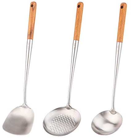 FJNATINH Wok-Pfannenwender und Schöpflöffel, Werkzeugset, 43,2 cm, Pfannenwender für Wok, 304 Edelstahl
