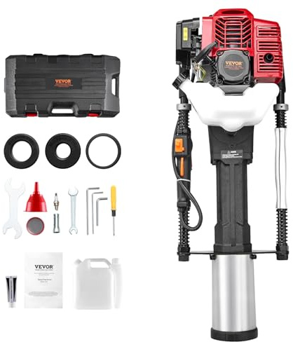 VEVOR Benzin Pfahlramme 52 cc, Erdbohrer 2-Takt Benzin Motor, Zaunbau Pfostentreiber mit 3 Pfosten-Rammköpfen (49/69/100 mm), 1400-W-Pfostenramme für Bauernhöfe, Ranchzäune, Straßenverbesserungen