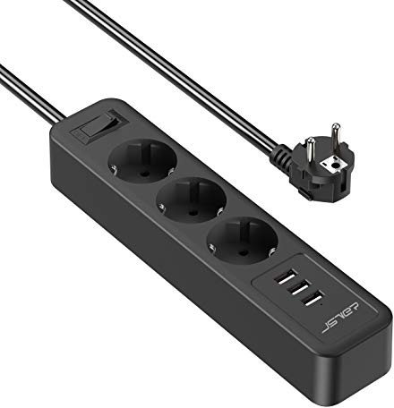 JSVER Steckdosenleiste USB,Steckdosenadapter 3 Fach mit 3 USB Ladeanschlüsse Mehrfachsteckdose Wandmontage (3680W) mit 2M Kabel für Smartphones Tablets -Schwarz