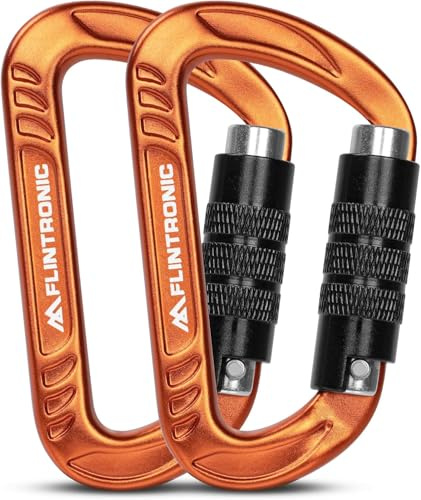 flintronic Karabiner mit Schraubverschluss, 2PCS 12KN Karabinerhaken Schraubverschluss, Karabiner mit 1200kg Belastbarkeit Schwerlast, für Hängematten, Camping, Wandern, Rucksack (Orange)