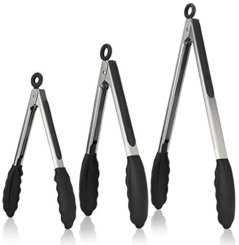 U-Taste Silikon Küchenzange, 315℃ hitzebeständiger, 3 Stück, Schwarz | 18/23/30cm, Kochzange mit fest versiegelten Antihaft-Gummispitzen & silikonbeschichtetem Stahlgriff & glatter Verriegelung