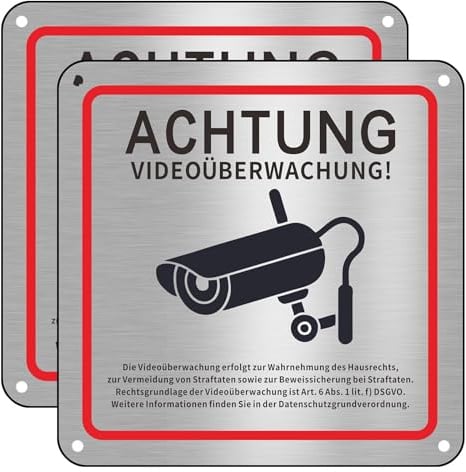 Videoüberwachung Schild, 2 Stück Schild Videoüberwachung Privatgrundstück, 15x15cm Aluminium Achtung Videoüberwachung Schilds, Schilds Kameraüberwachung für Überwachungskamera Oder Kamera Attrappe