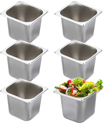 SUMNACON 6pcs 1/6 Gastronormbehälter aus lebensmittelechte Edelstahl | Stapelbare Panierset von -60° bis 400°C,Spülmaschinengeeignet Panierschalen für Schnitzel Fleisch Fisch Obst Eis Sauce 14,5cm