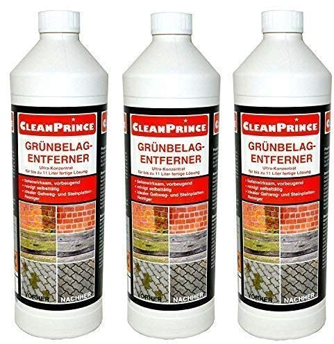 CleanPrince 3 Liter Grünbelagentferner à 1000 ml Flaschen Hochkonzentrat Reiniger Grünbelag-Entferner Vernichter Grünspan Holz Glas Beton Naturstein Flechten Ablagerungen