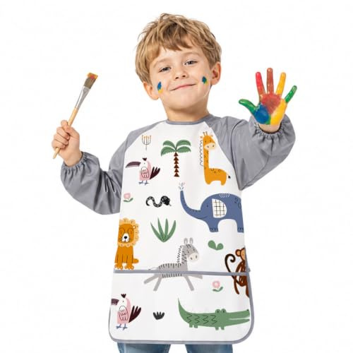 Montrestar Malkittel Kinder Malschürze 3-8 Jahre, Malerkittel Kind mit Lange Ärmeln und 3 Taschen, Wasserdicht Malkittel Schule 1. Klasse, für Mädchen Jungen Malen Basteln Backen Kinderschürze
