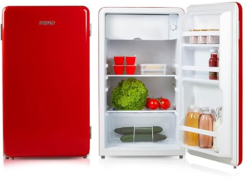 PRIMO PR152RKR Retro Tischkühlschrank - 93 Liter Fassungsvermögen - Freistehender Tischkühlschrank - Retro-Kühlschrank - Rot