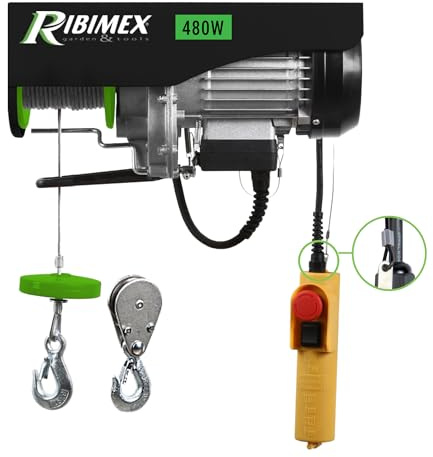 Ribimex Elektrischer Seilzug 100/200 kg mit Umlenkrolle, 480 W Motor, 12 m Stahlseil, Hubgeschwindigkeit bis 10 m/min, Not-Aus-Schalter, ideal für Heim- und Werkstatteinsatz – PE100/200PT