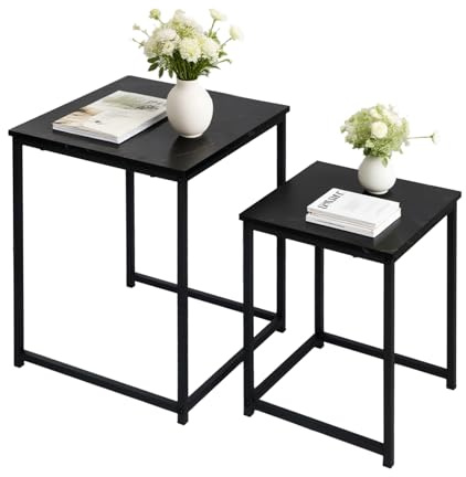 BIGTREE Beistelltisch, Couchtisch 2er Set, Moderner Sofatisch, Wohnzimmertisch aus Holz, Satztisch mit Metallgestell, Stapelbar, Quadratisch/Schwarz