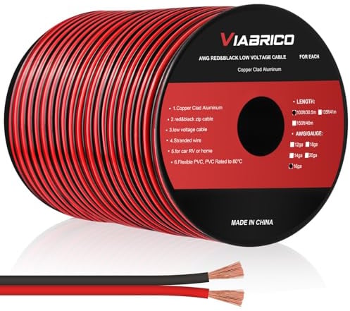 VIABRICO 30 Meter 16AWG 2x1,5mm² Elektrischer Draht, 2 Adrig Kabel 5V/12V/24V Stromkabel Kupferummanteltes Aluminium-Kupferkabel，Flexibel und Weich Niedrige Impedanz Verlängerungskabel