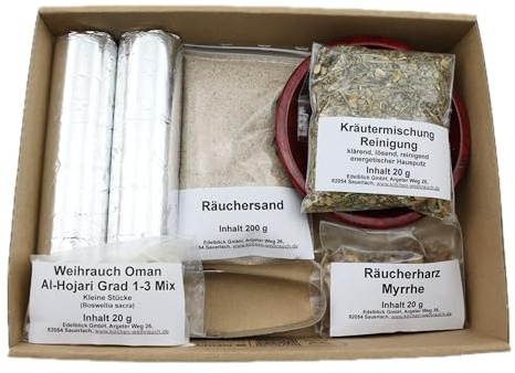K W Räucherset Hausreinigung 9-tlg. – Weihrauch, Myrrhe, Kräuter – Rot | Weihrauch Oman Al-Hojari, Myrrhe, Kräutermischung, rote Specksteinschale, Räuchersand, Räucherkohle, Zange, Anleitung