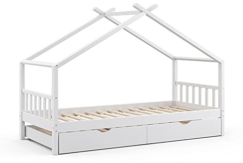 VitaliSpa Hausbett Design, Weiß, 90x200 cm mit Gästebett, mit Rausfallschutz und Lattenrost für sicheres Schlafen