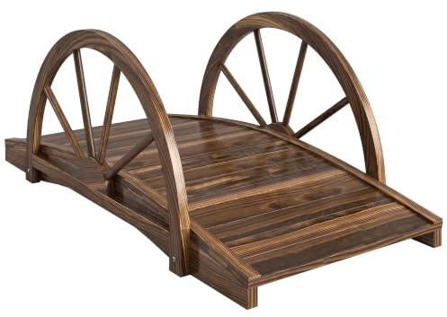 Outsunny Gartenbrücke mit Rad Design Holzbrücke 100 x 50 x 37 cm Verkohlt | aus Tannenholz, Teichbrücke bis 150 kg Belastbar, Zierbrücke Dekobrücke, für Garten Park Hinterhof