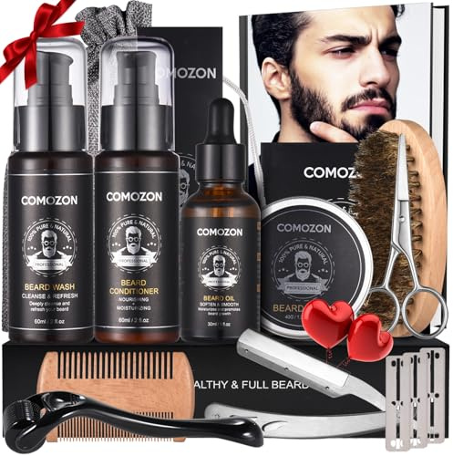 Comozon Bartpflege Set, 12-in-1 Bart Geschenke für Männer, mit Bartroller